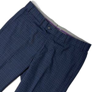 HILTL 100% Italian Wool Flat Front Dress Pants Blue Plaid Cuffed Men Size 36x32